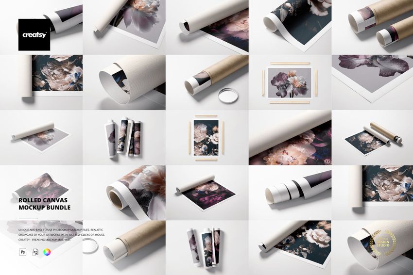 Multiple rolled canvas print mockups with floral designs and tubes shown from top and angled perspectives on a light surface.