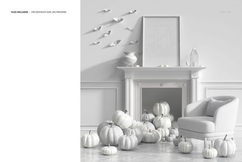 Monochrome Halloween PSD mockup featuring a fireplace, white pumpkins, armchair, and decorative bats on the wall.