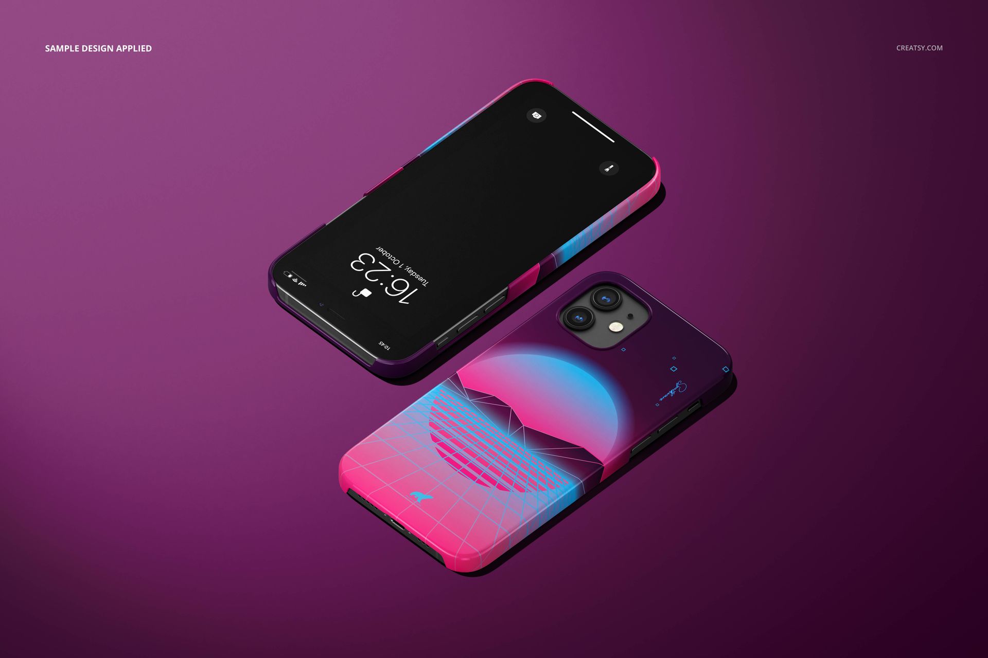 iPhone 12 glossy snap case PSD mockup showing colorful abstract design, with phones arranged on a purple backdrop.