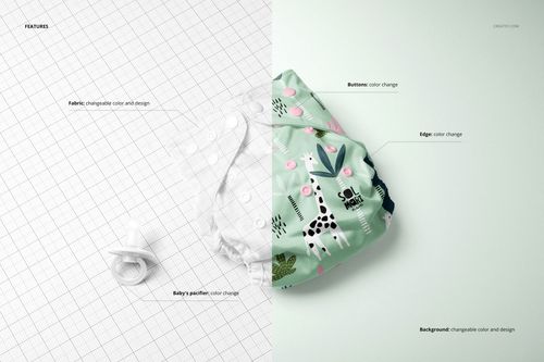 Reusable baby cloth diaper mockup set shown in split view, left side plain white with pacifier, right side colorful animal pattern.