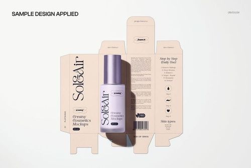 Frosted glass cosmetic pump bottle and unfolded packaging box mockup shown on a clean, light studio background.