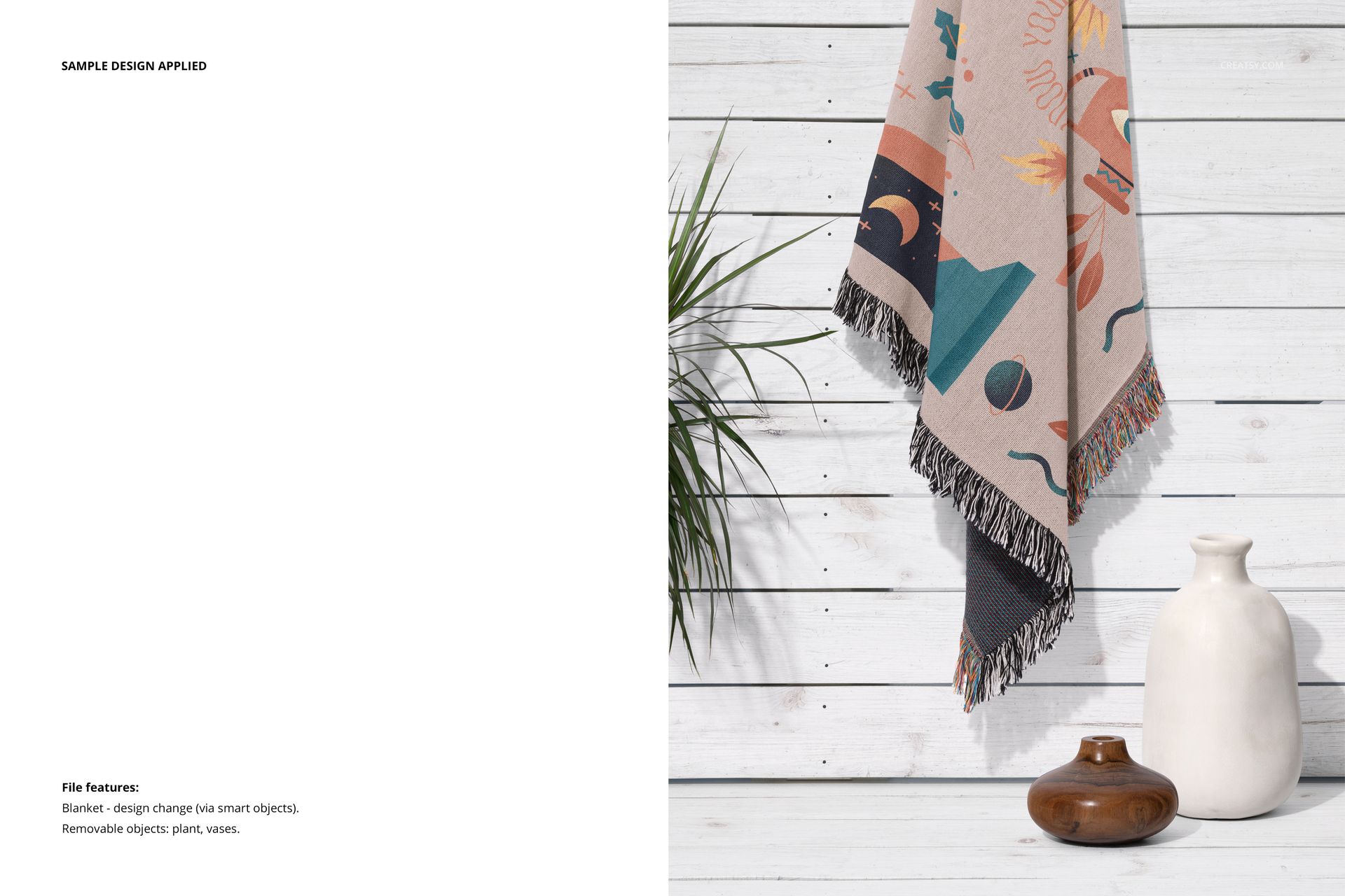 Jacquard fringed throw blanket mockup featuring a geometric design, shown draped next to vases and a leafy plant.