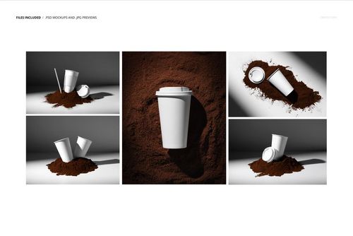 PSD mockup featuring multiple paper cups surrounded by coffee grounds, with different cup arrangements and shadows.