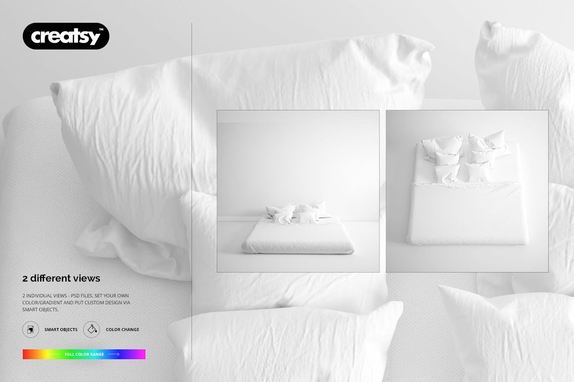 Front view of a bedding mockup set featuring white pillows and a duvet on a bed, displayed in a neutral bedroom scene.