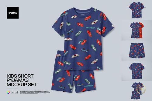 Kids short pyjamas set mockup featuring a blue t-shirt and shorts with a colorful car pattern, shown from the front.