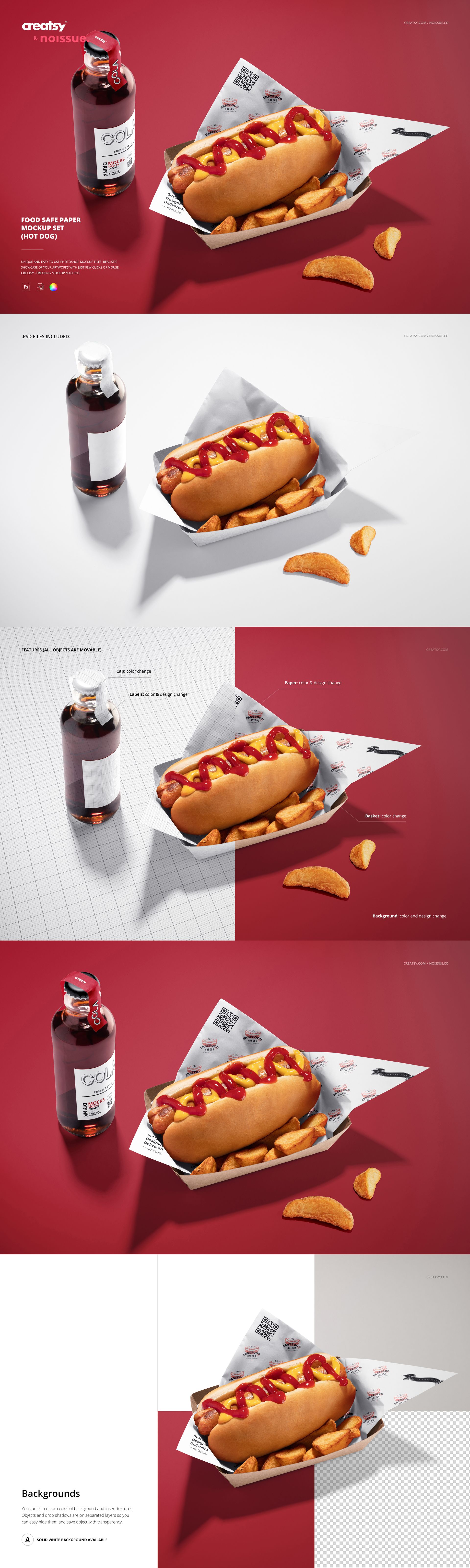 Mockup scene featuring two hot dogs with ketchup, fries, and a bottle on food safe paper over colored surfaces.
