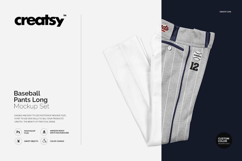 Long baseball pants mockup set featuring two styles, one plain white and one gray with blue stripes, shown from a top view.