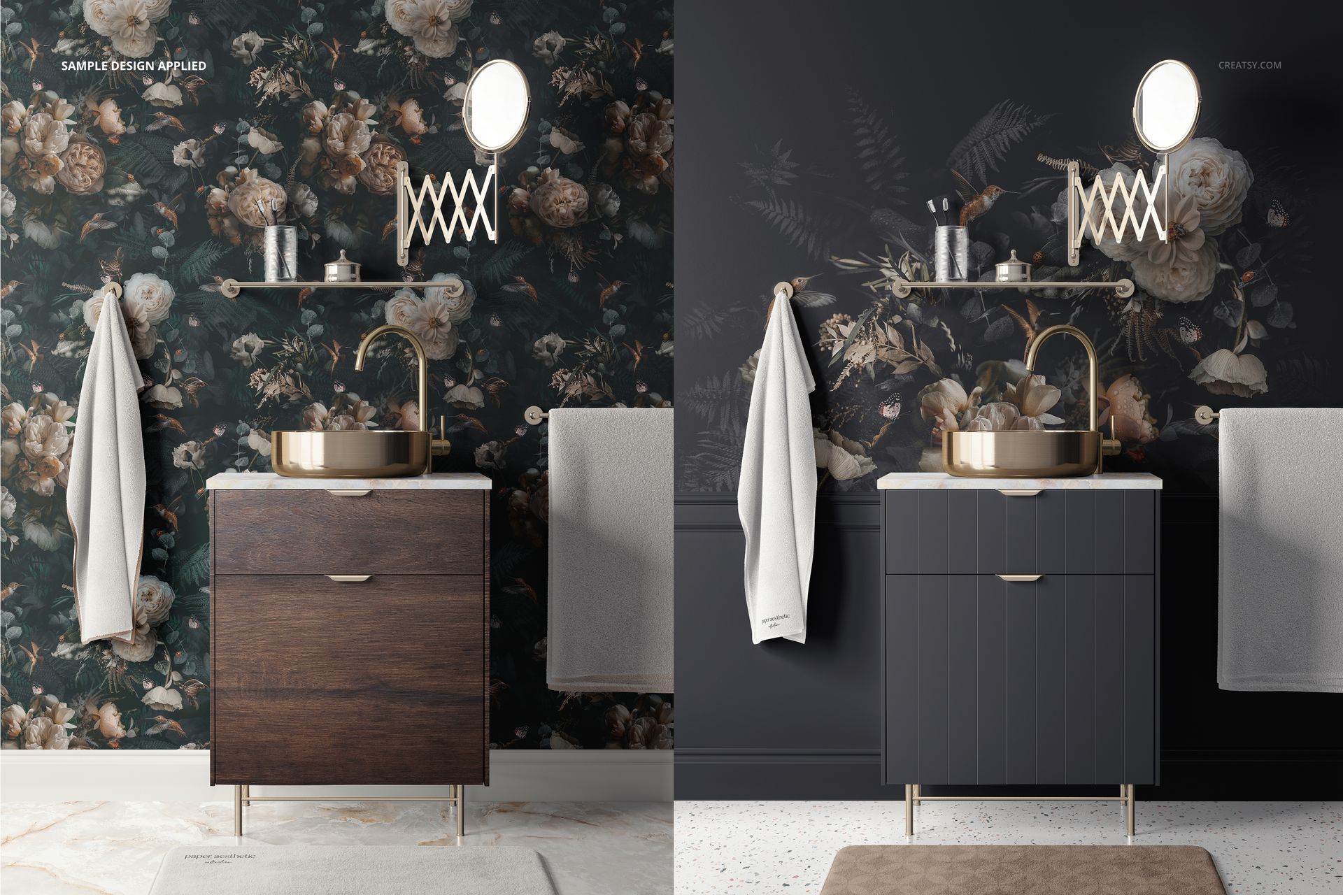 Bathroom wallpaper mockup showing two vanity setups with floral and botanical dark wall patterns, front view.