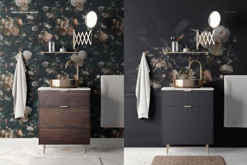 Bathroom wallpaper mockup showing two vanity setups with floral and botanical dark wall patterns, front view.
