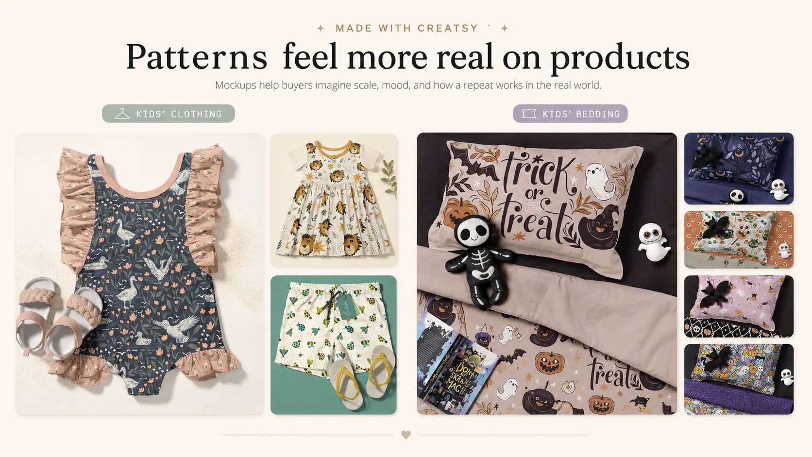 A seamless pattern on a kids' ruffle swimsuit, a floral dress and a Halloween-themed kids' bedding set