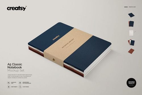 A5 classic notebook mockup set featuring two stacked notebooks with dark blue covers and a kraft paper band, shown in an angled front view.