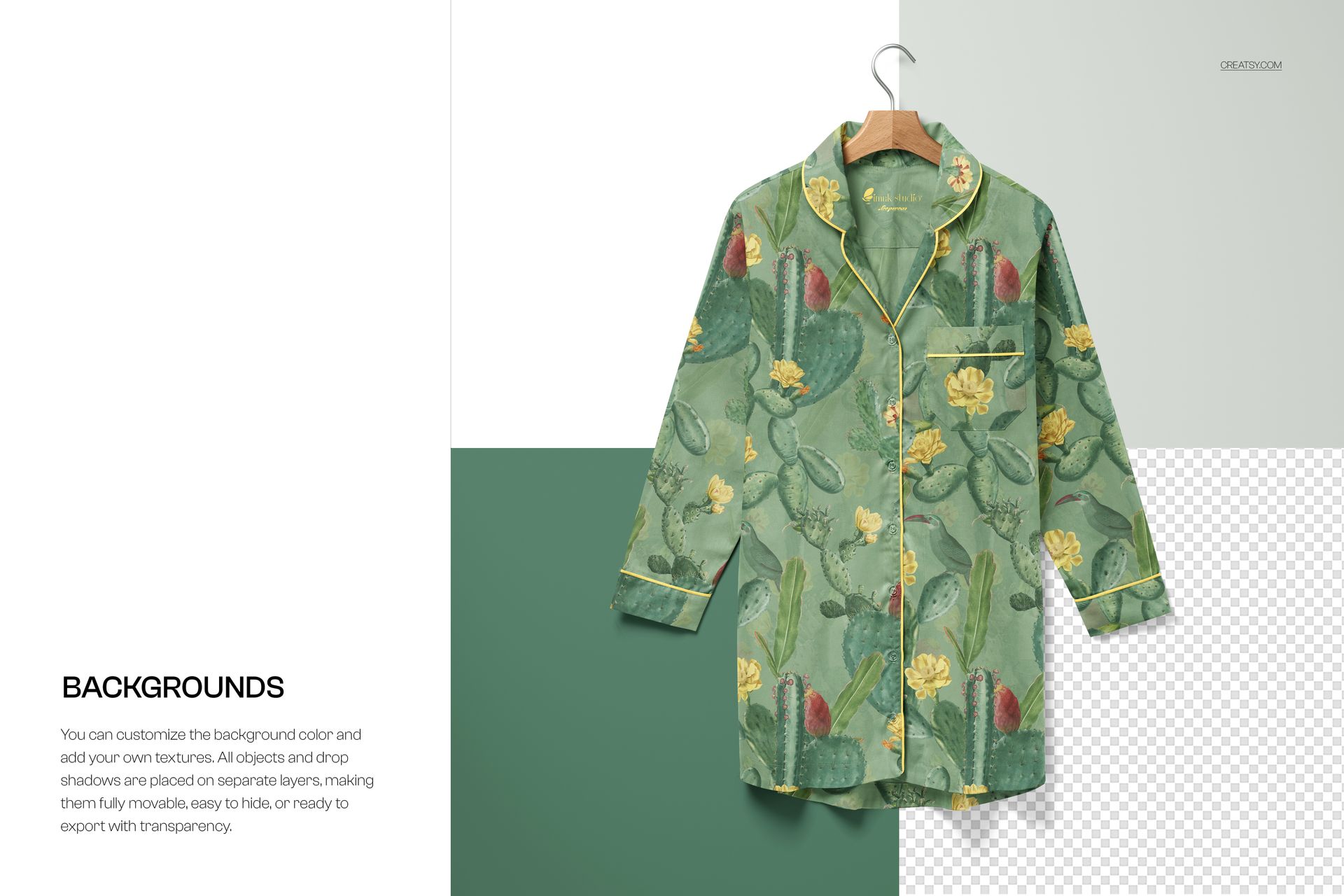Front view of a nightdress mockup with green cactus and yellow flower pattern, hanging on a wooden hanger.