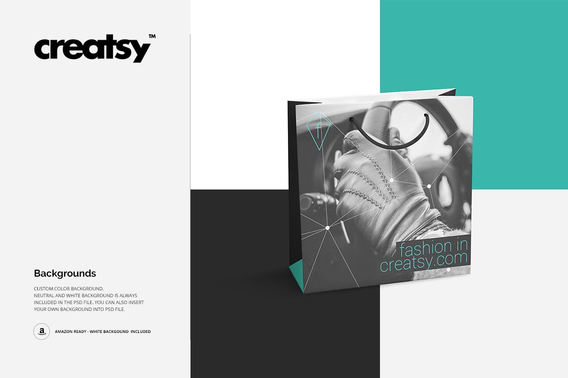 Front view of a square paper bag mockup with a black, white, and teal color scheme, featuring a geometric design.