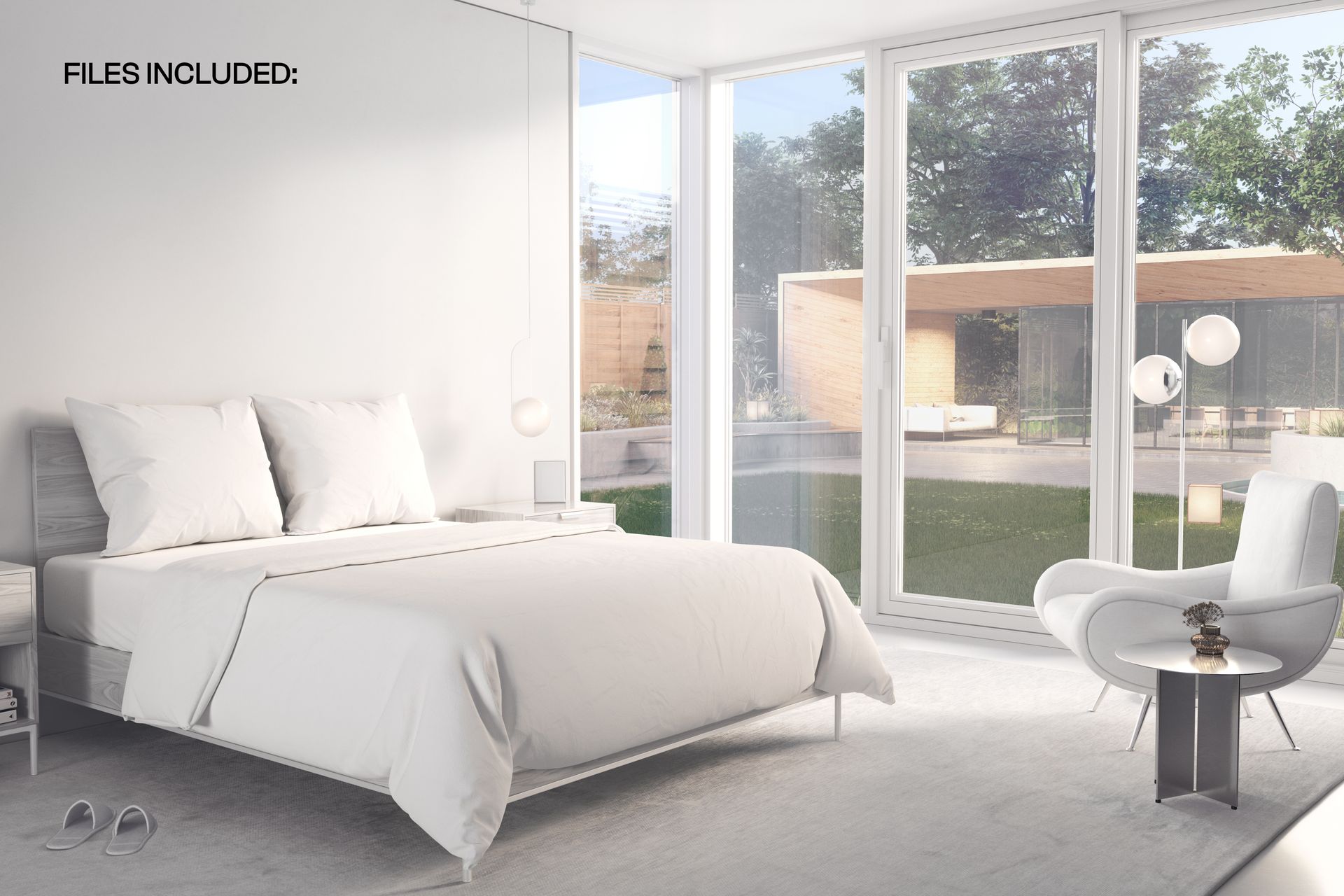 PSD mockup showing a modern bedroom with a white bedding set, stylish chair, and natural light from large windows.