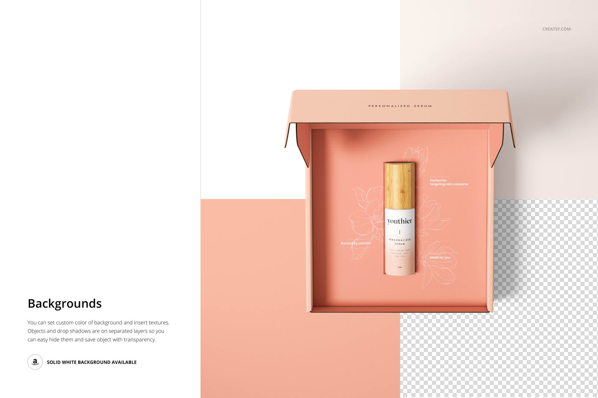 Top view of a peach-colored mailing box mockup with a cosmetic bottle inside, set against a split background.