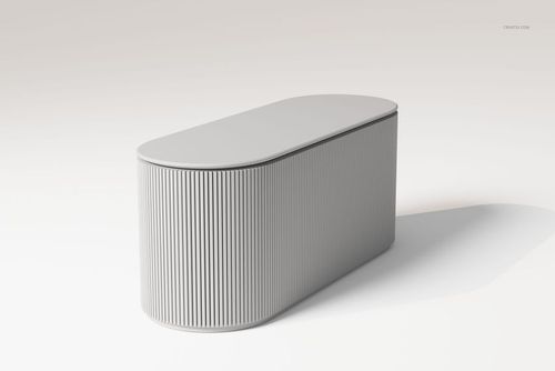 Oval-shaped flute bar cabinet with vertical ribbed texture, shown in light gray color on a plain background.