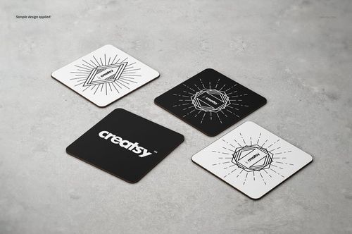 Rectangular coasters mockup set featuring four coasters on a light gray surface, shown from an angled perspective.