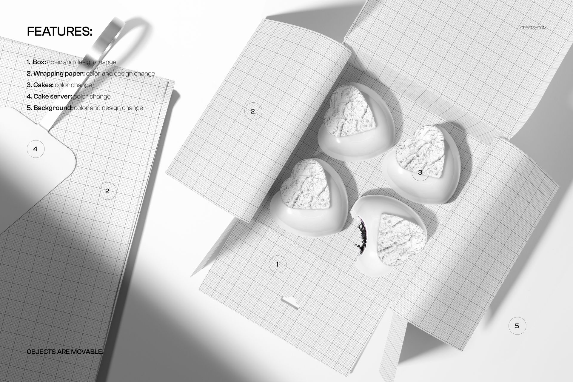Top view of a pastry box mockup containing four heart shaped cakes, packaging features a white grid design.