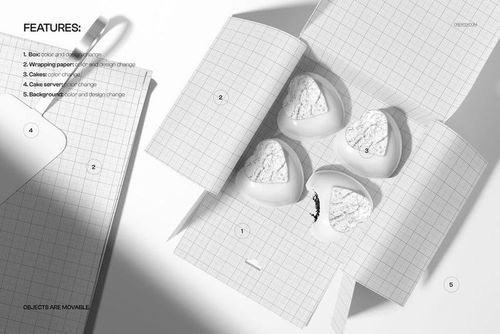 Top view of a pastry box mockup containing four heart shaped cakes, packaging features a white grid design.