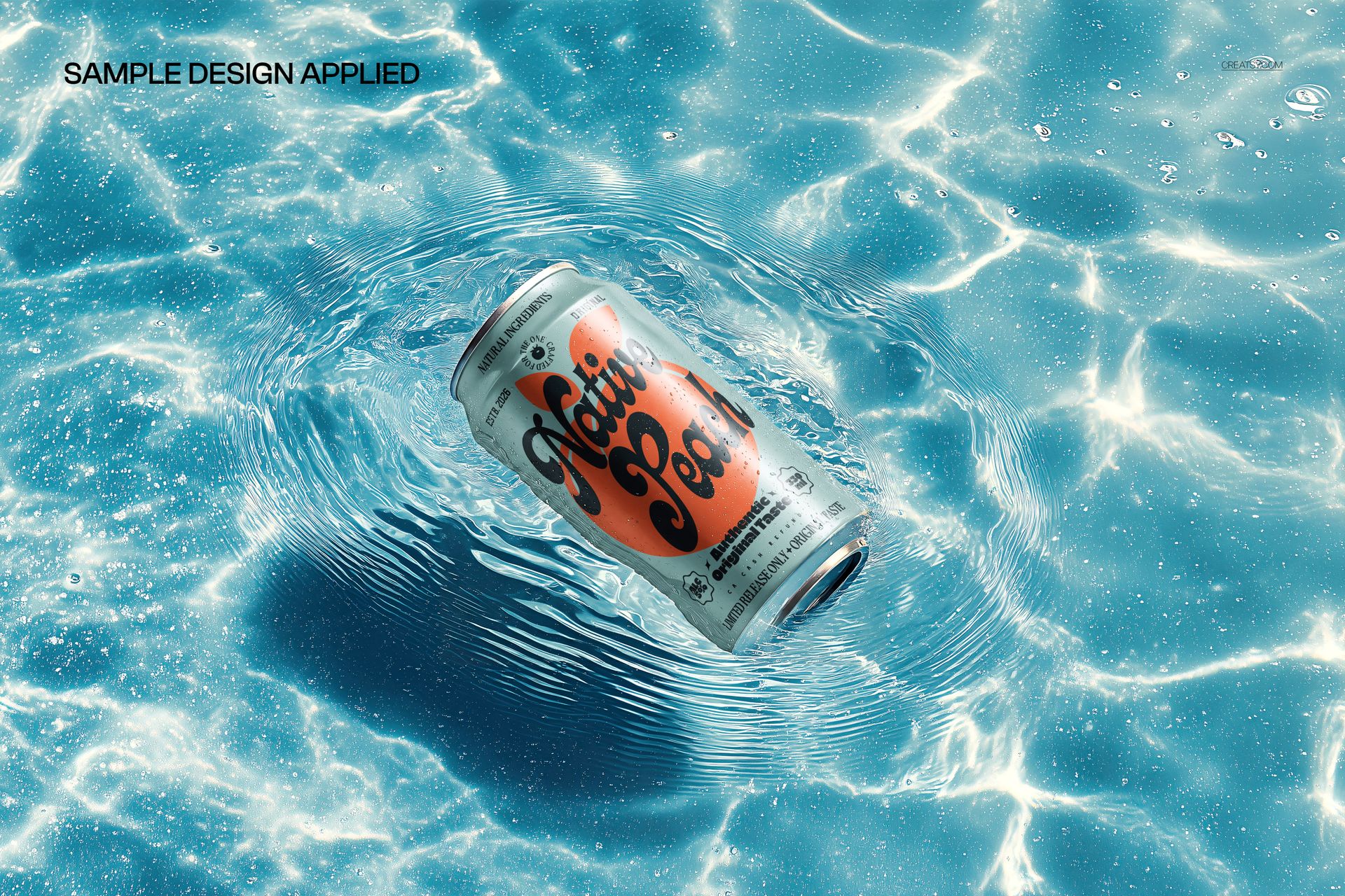 Drinkware mockup showing a silver can with custom artwork drifting on rippling water, top perspective in sunlight.