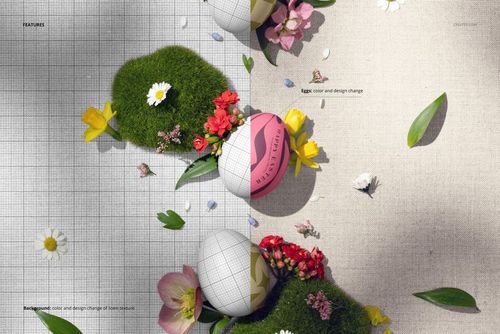 PSD mockup showing decorative eggs with moss lumps, spring blossoms, and scattered petals arranged on a linen background.