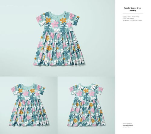 Toddler skater dress mockup with short sleeves, featuring a colorful floral pattern on a light blue background, shown from front view.