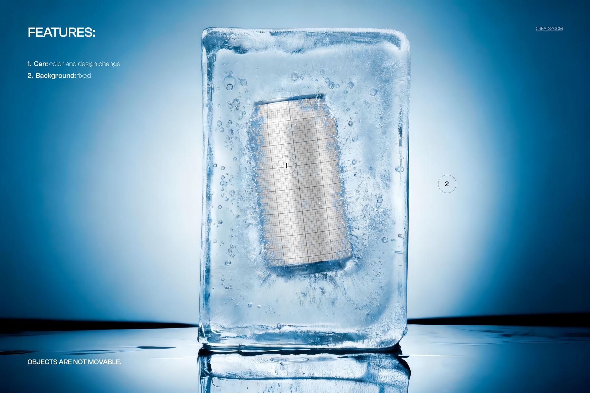 Aluminum can mockup encased in a large transparent ice block, shown from the front against a blue background.
