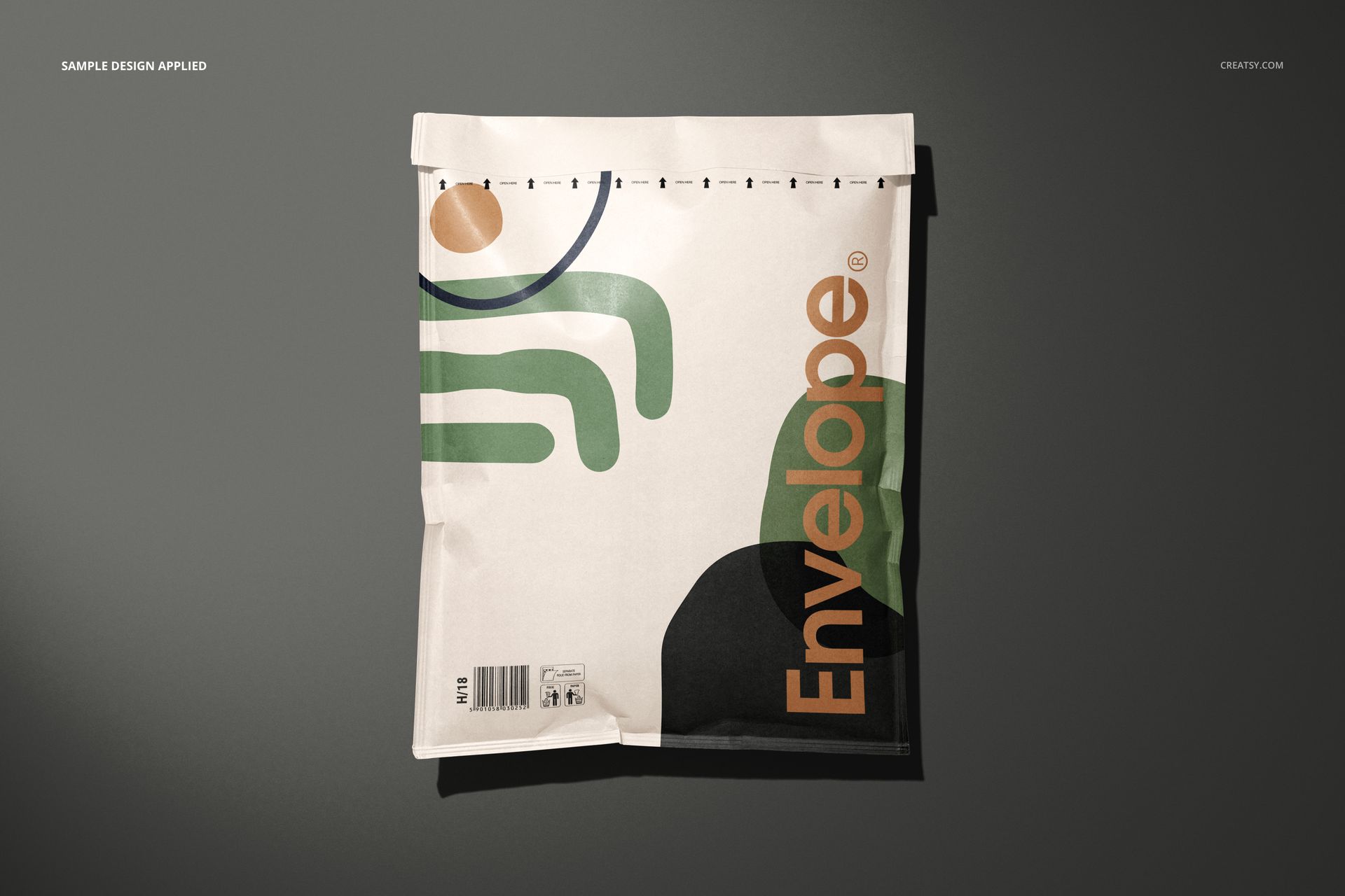 Kraft bubble mailer PSD mockup featuring geometric patterns and bold colors, displayed on a neutral surface.