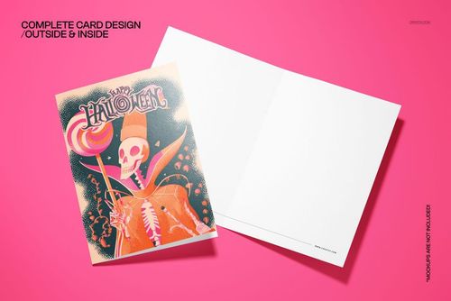 Halloween greeting card mockup with a wizard skeleton design in pink and orange tones, shown on a solid pink surface.