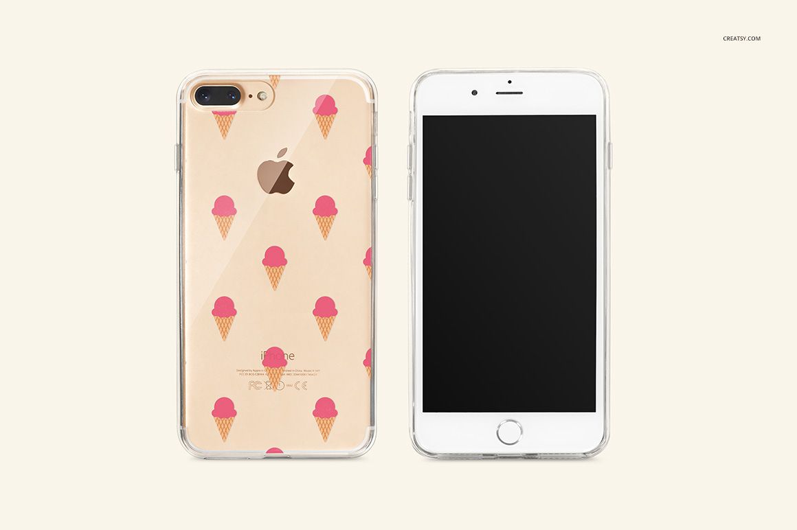 PSD mockup of two iPhone 7 Plus devices with clear cases, one displaying a playful ice cream cone design.