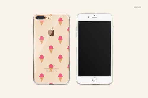 PSD mockup of two iPhone 7 Plus devices with clear cases, one displaying a playful ice cream cone design.