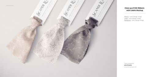 Three fabric mockup samples with ribbon labels, displayed in a row, featuring neutral tones and subtle line patterns.