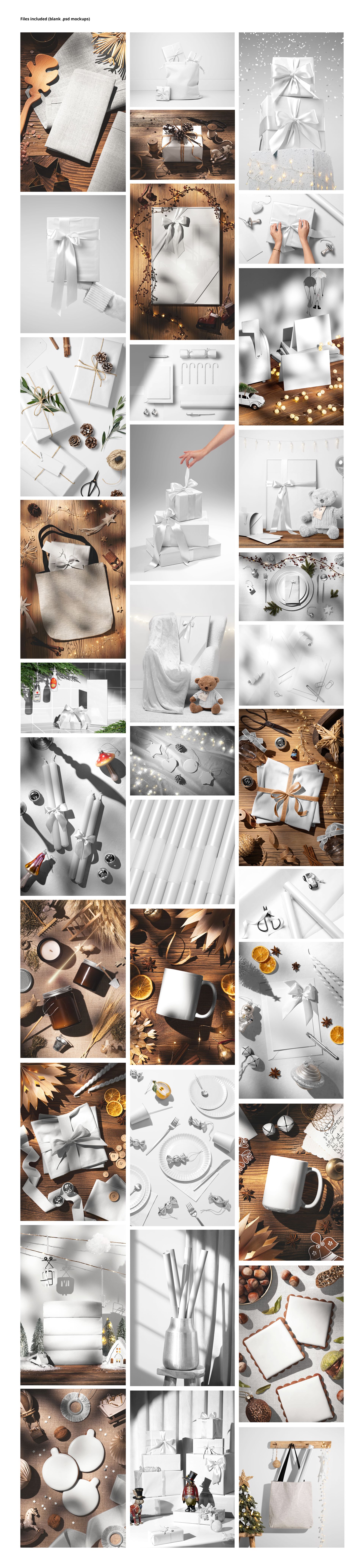 Assorted Christmas-themed mockup scenes featuring wrapped gifts, mugs, ornaments, and festive decorations in neutral tones.