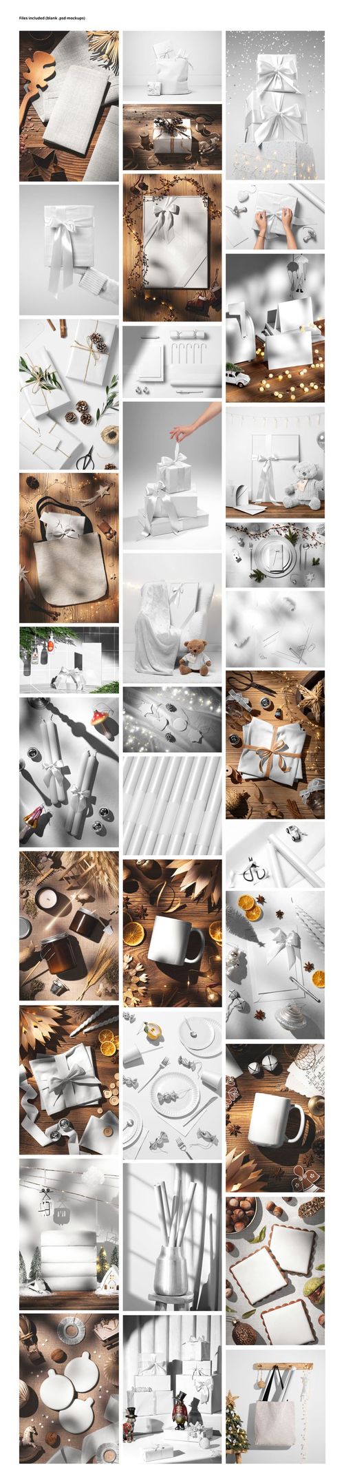 Assorted Christmas-themed mockup scenes featuring wrapped gifts, mugs, ornaments, and festive decorations in neutral tones.