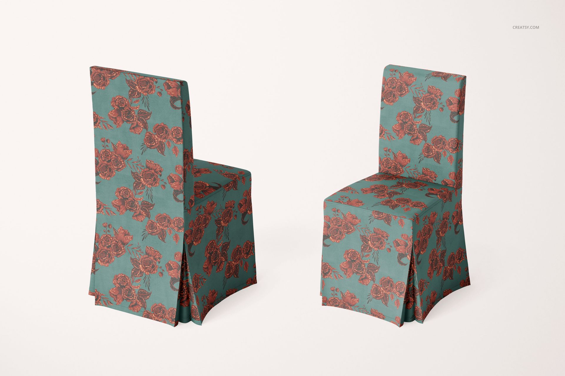 Pair of Ikea Henriksdal chairs featuring teal covers with red floral design, displayed in PSD mockup format.