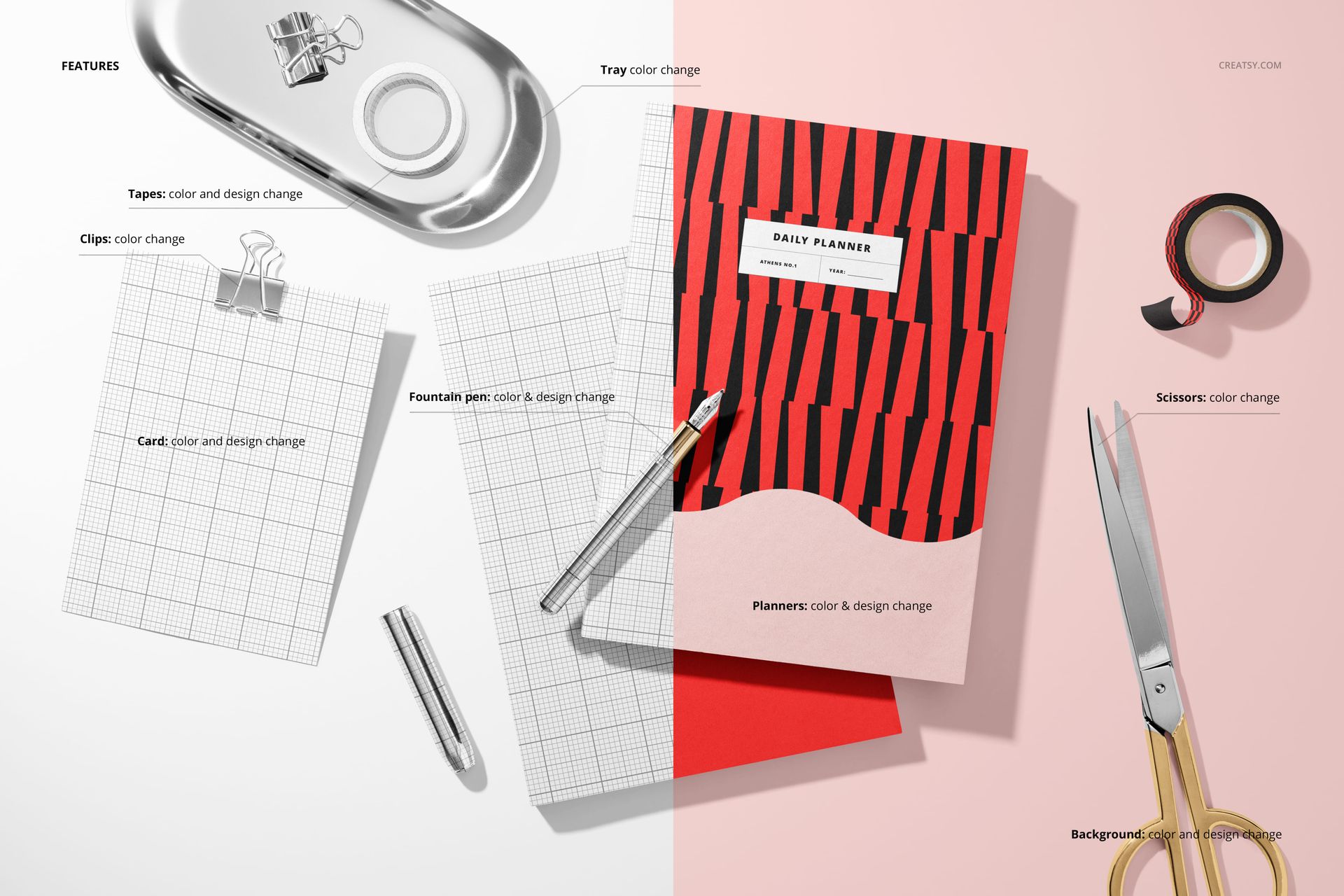 Stationery mockup featuring two planners, grid card, scissors, tape, and pen on a neutral surface.