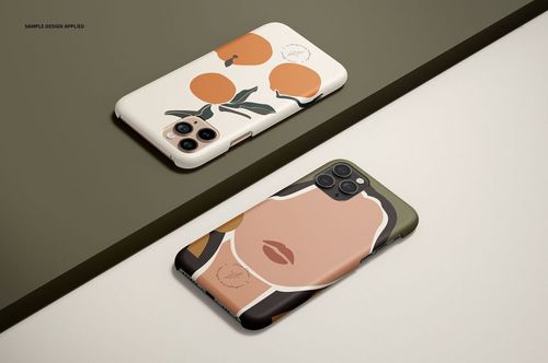 iPhone 11 Pro matte snap case mockup set with one case showing orange fruit graphics and another with abstract art.