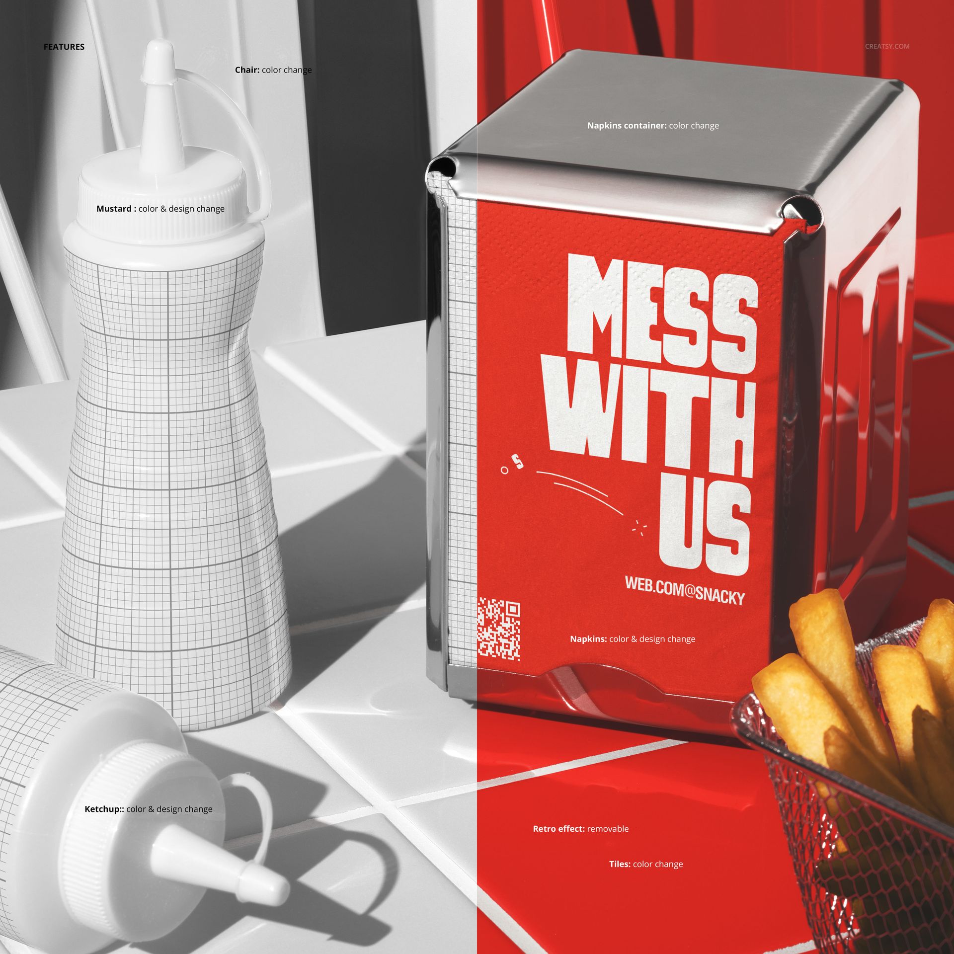 PSD mockup showing a fast food table setup with condiment bottles, napkin holder, and fries in a metal basket.