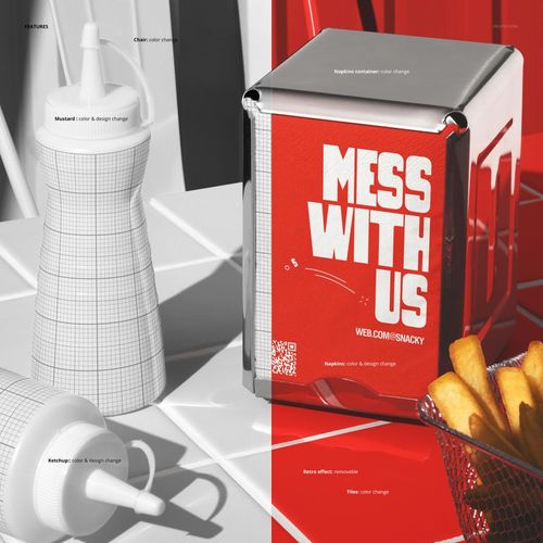 PSD mockup showing a fast food table setup with condiment bottles, napkin holder, and fries in a metal basket.