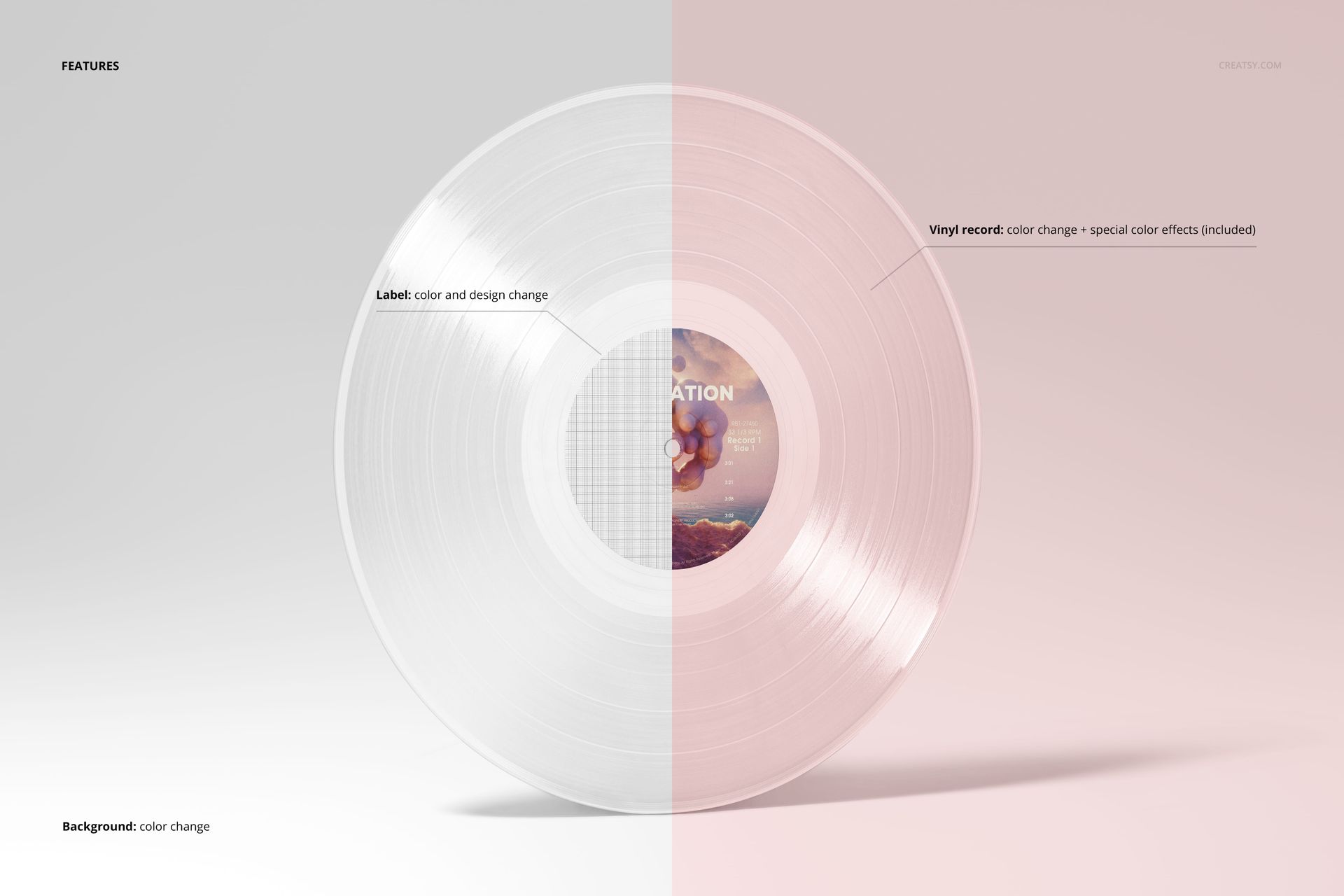 Standing vinyl record mockup showing a transparent LP with split background in gray and pink tones, front view.