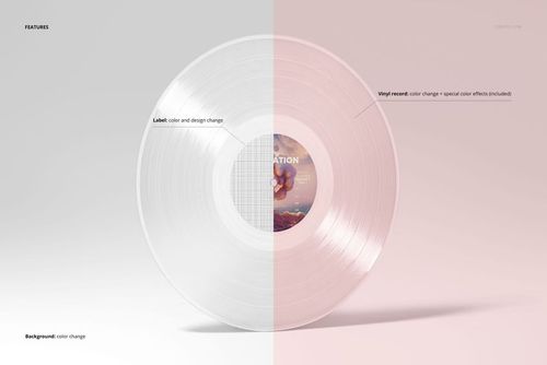 Standing vinyl record mockup showing a transparent LP with split background in gray and pink tones, front view.