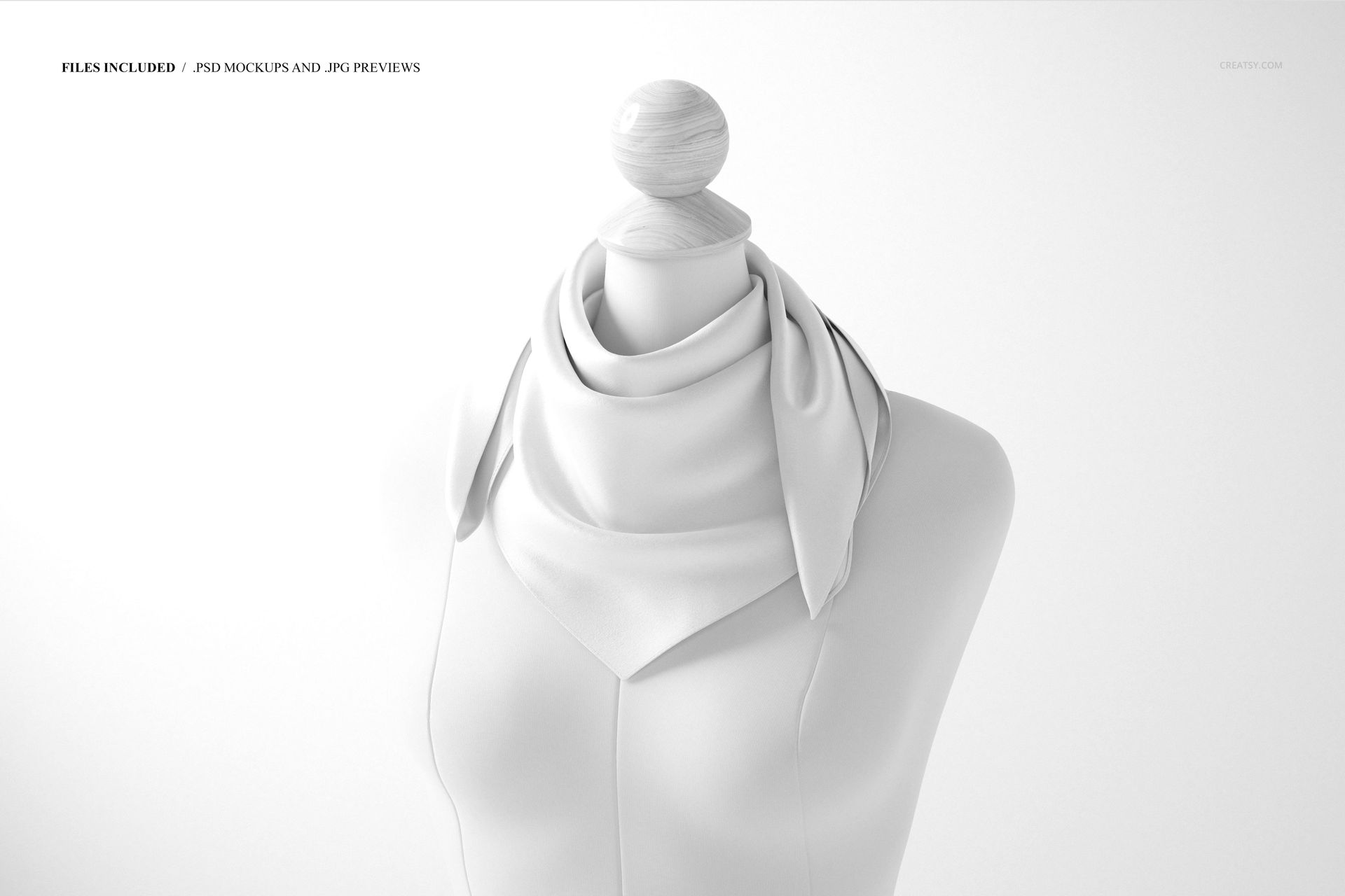 Mockup of a mannequin torso with a smooth silk scarf wrapped around the neck, presented against a plain background.