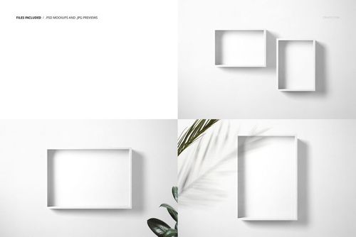 PSD mockup showing clean wooden frames in different sizes, arranged on a white tabletop with subtle plant accents.