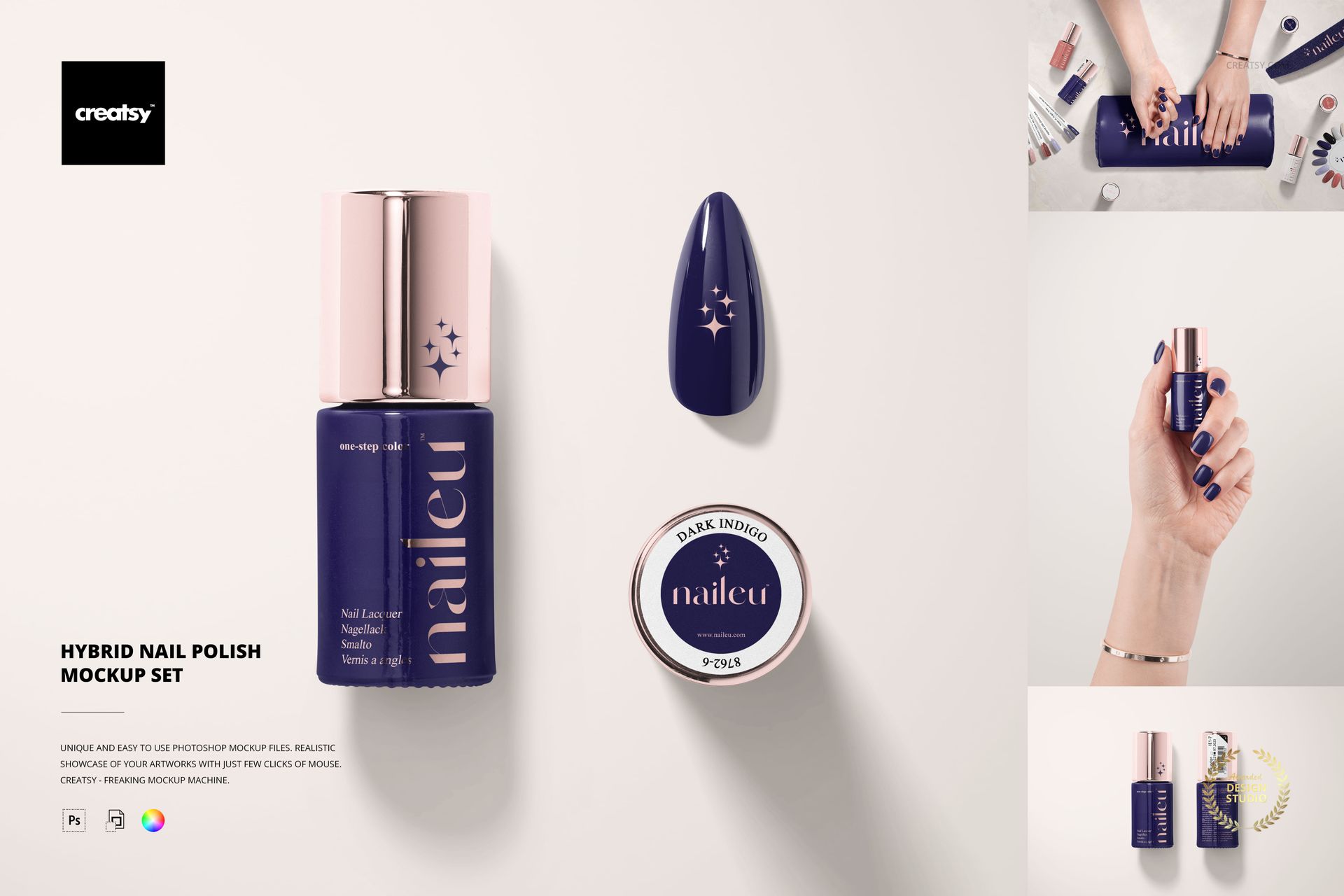Hybrid nail polish mockup set featuring a bottle, jar, and nail sample in deep blue and nude tones, front view.
