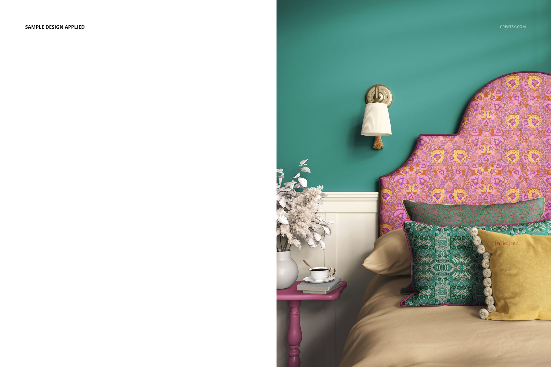 Front view of a bedroom scene with patterned pillows, a pink headboard, and teal wallpaper mockup.