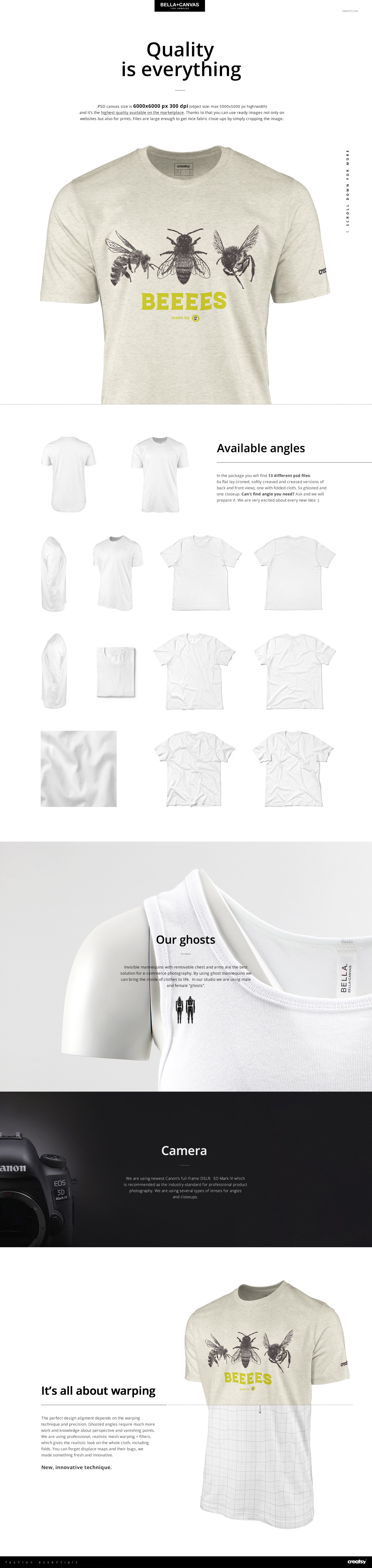 Unisex short sleeve t-shirt mockup with heather texture, bee illustration on front, shown in multiple angles and styles.