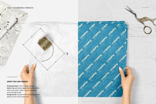 Wrapping tissue paper mockup bundle shown from above, featuring plain white and blue patterned sheets on a table.