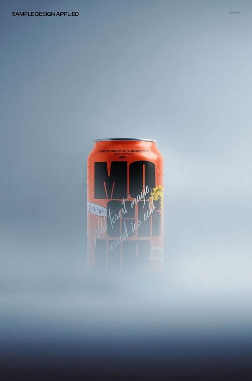 Soda can mockup in orange color emerging from dense fog, centered and viewed from the front.