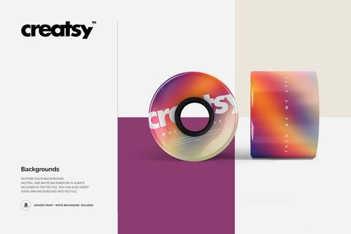 PSD mockup set showing Penny skateboard wheels featuring a vibrant rainbow gradient design, displayed on white.