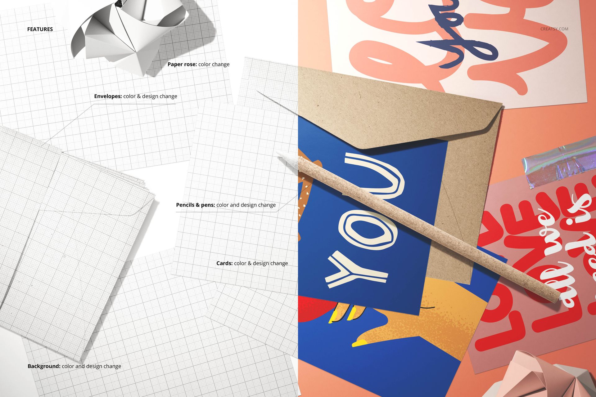 Valentine's cards mockup set showing blank grid cards, envelopes, pencils, and paper rose with editable elements.